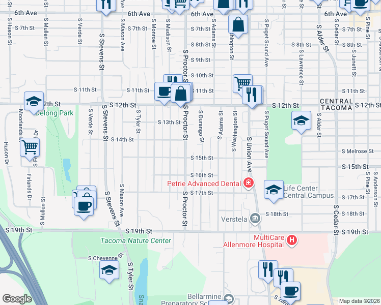 map of restaurants, bars, coffee shops, grocery stores, and more near 3858 South 15th Street in Tacoma