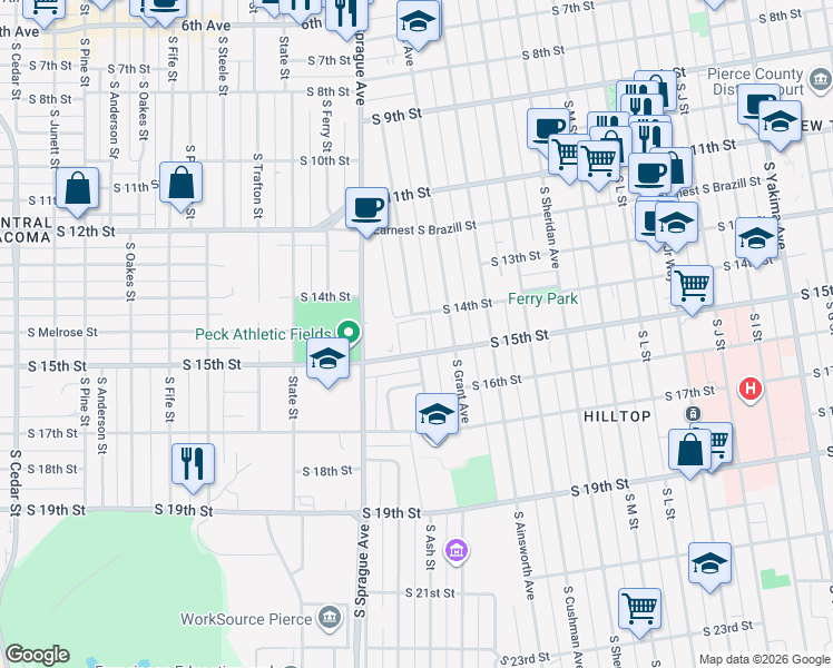 map of restaurants, bars, coffee shops, grocery stores, and more near 1801 South 15th Street in Tacoma
