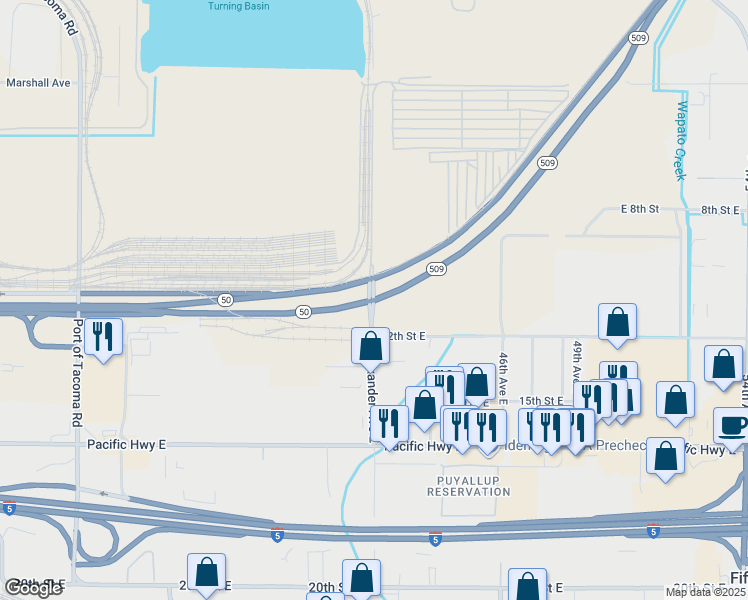 map of restaurants, bars, coffee shops, grocery stores, and more near 2601 Washington 509 in Tacoma
