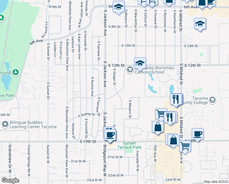 map of restaurants, bars, coffee shops, grocery stores, and more near 1279 South Meyers Street in Tacoma