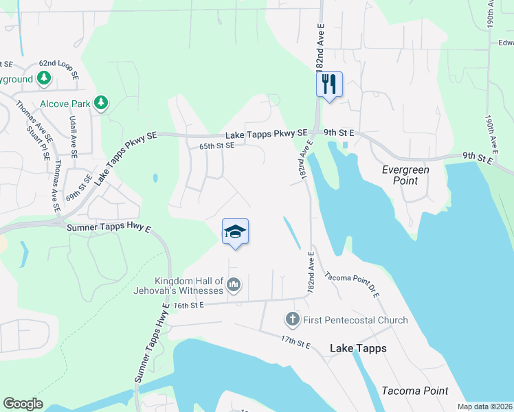 map of restaurants, bars, coffee shops, grocery stores, and more near 6735 Elaine Court Southeast in Auburn
