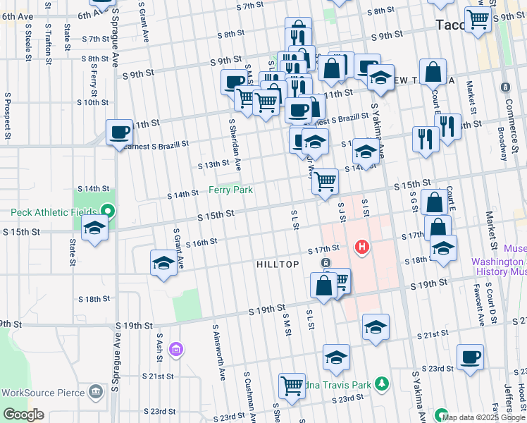 map of restaurants, bars, coffee shops, grocery stores, and more near 1514 South M Street in Tacoma