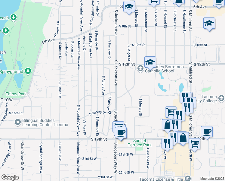 map of restaurants, bars, coffee shops, grocery stores, and more near 1270 South Fairview Drive in Tacoma
