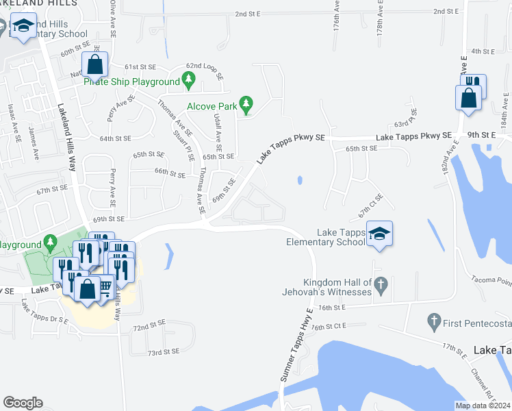 map of restaurants, bars, coffee shops, grocery stores, and more near 6821 Udall Place Southeast in Auburn