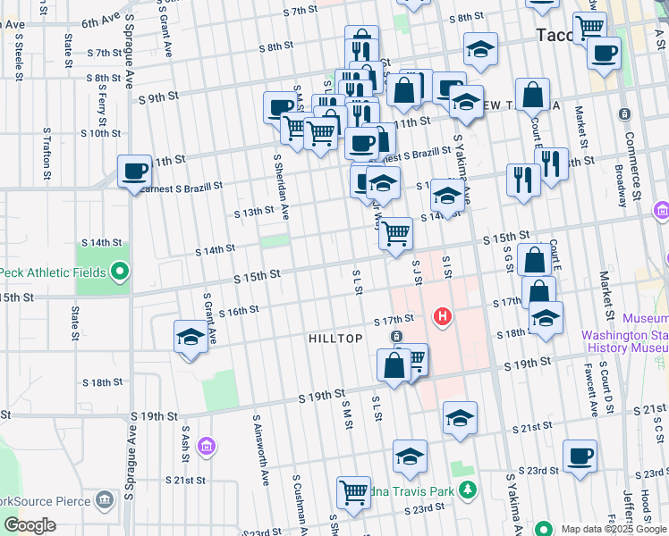 map of restaurants, bars, coffee shops, grocery stores, and more near 1207 South 16th Street in Tacoma