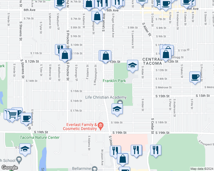 map of restaurants, bars, coffee shops, grocery stores, and more near 1428 South Puget Sound Avenue in Tacoma