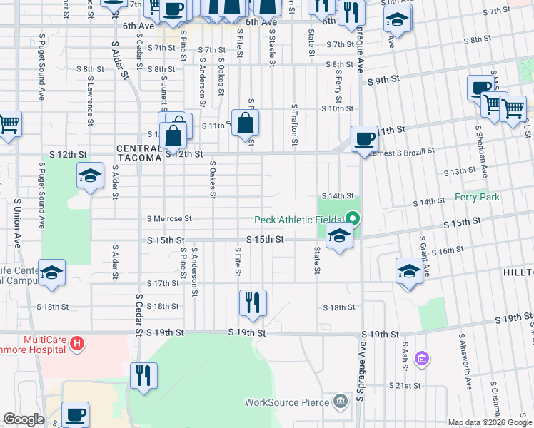 map of restaurants, bars, coffee shops, grocery stores, and more near 1462 South Prospect Street in Tacoma