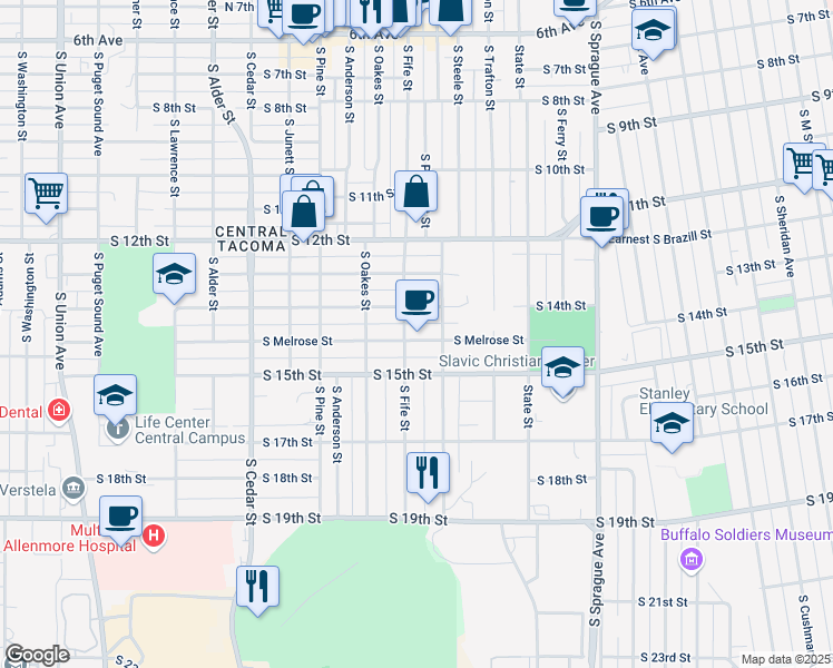 map of restaurants, bars, coffee shops, grocery stores, and more near 2517 South Melrose Street in Tacoma