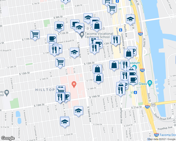 map of restaurants, bars, coffee shops, grocery stores, and more near 701 South 16th Street in Tacoma