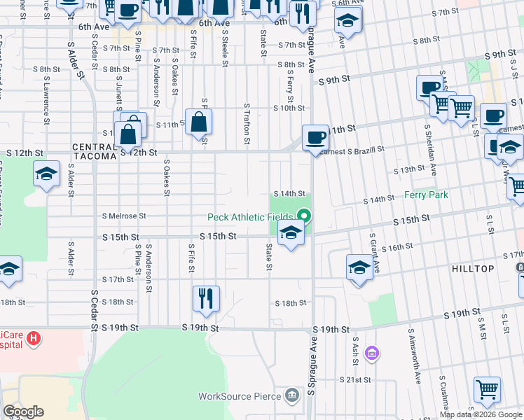 map of restaurants, bars, coffee shops, grocery stores, and more near 2202 South Melrose Street in Tacoma