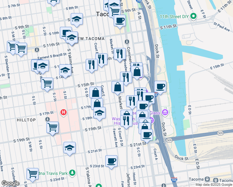 map of restaurants, bars, coffee shops, grocery stores, and more near 1554 Market Street in Tacoma