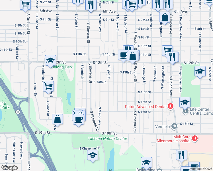 map of restaurants, bars, coffee shops, grocery stores, and more near 1408 South Tyler Street in Tacoma