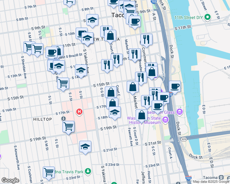 map of restaurants, bars, coffee shops, grocery stores, and more near in Tacoma