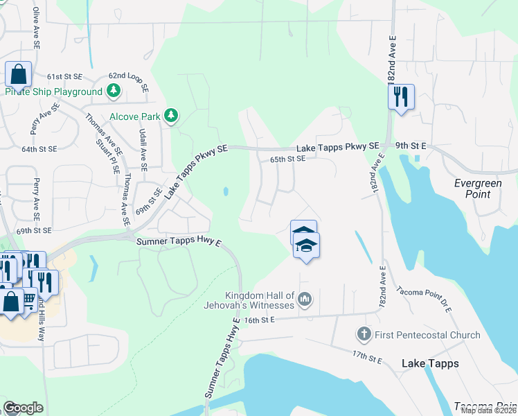 map of restaurants, bars, coffee shops, grocery stores, and more near 6617 Douglas Avenue Southeast in Auburn