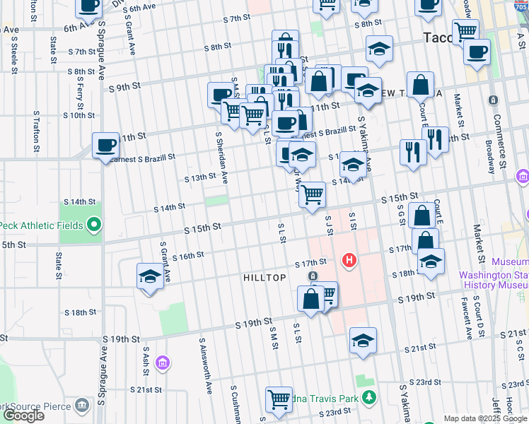 map of restaurants, bars, coffee shops, grocery stores, and more near 1215 South 15th Street in Tacoma