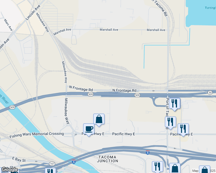 map of restaurants, bars, coffee shops, grocery stores, and more near 2601 Washington 509 in Tacoma