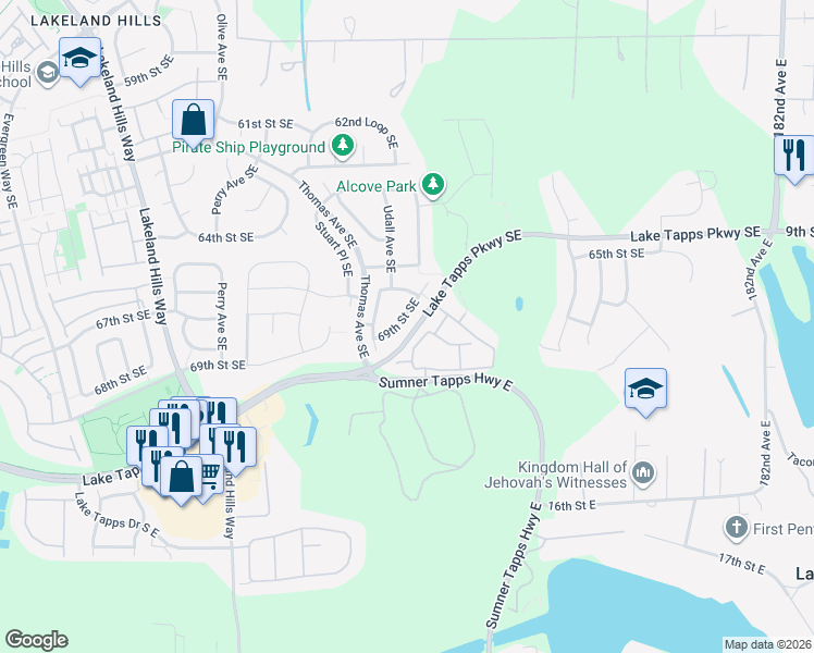 map of restaurants, bars, coffee shops, grocery stores, and more near 2151 69th Street Southeast in Auburn