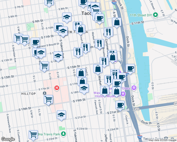 map of restaurants, bars, coffee shops, grocery stores, and more near 1502 Fawcett Avenue in Tacoma
