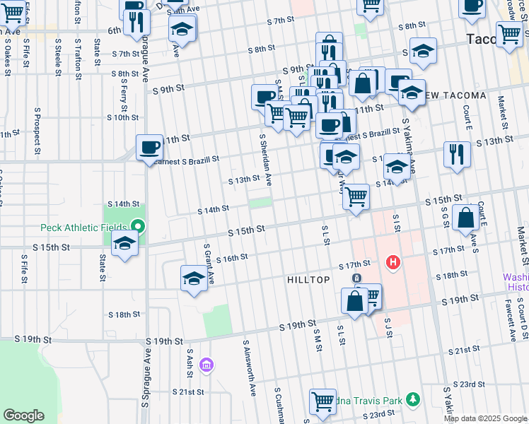 map of restaurants, bars, coffee shops, grocery stores, and more near 1400 South Sheridan Avenue in Tacoma