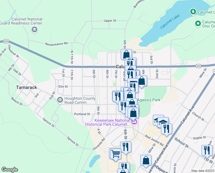 map of restaurants, bars, coffee shops, grocery stores, and more near 8th Street in Calumet