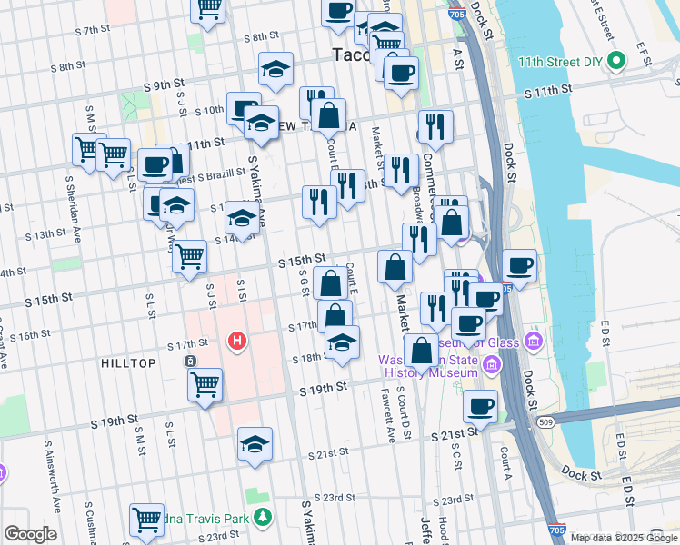 map of restaurants, bars, coffee shops, grocery stores, and more near 1501 Tacoma Avenue South in Tacoma
