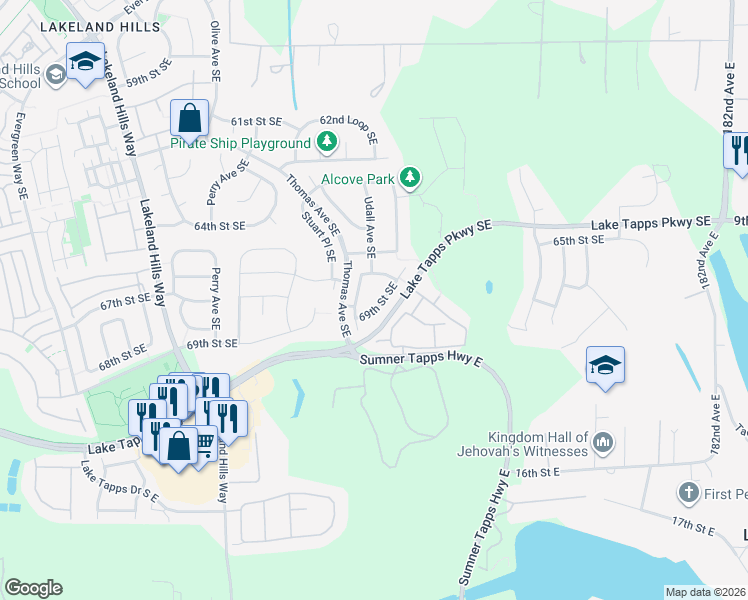 map of restaurants, bars, coffee shops, grocery stores, and more near 2151 69th Street Southeast in Auburn