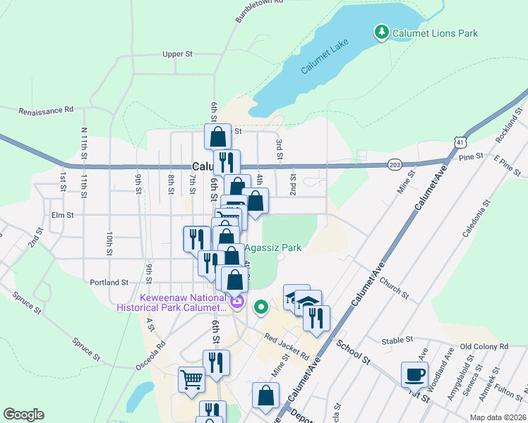 map of restaurants, bars, coffee shops, grocery stores, and more near 507-540 Cedar Street in Calumet Township