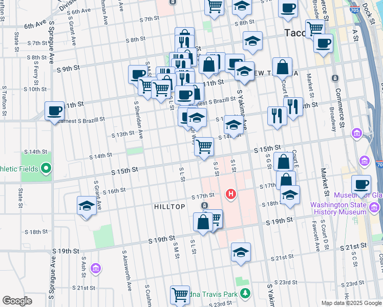 map of restaurants, bars, coffee shops, grocery stores, and more near 1412 Martin Luther King Junior Way in Tacoma