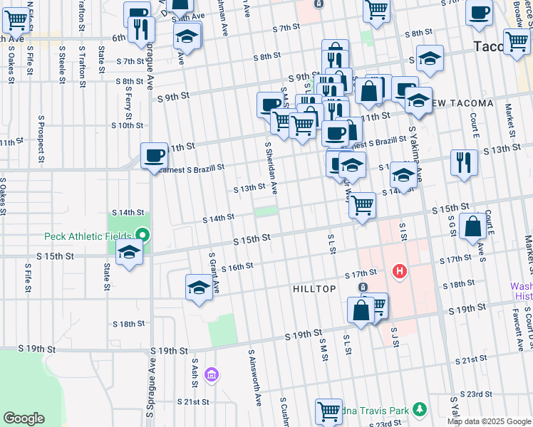 map of restaurants, bars, coffee shops, grocery stores, and more near 1400 South Sheridan Avenue in Tacoma