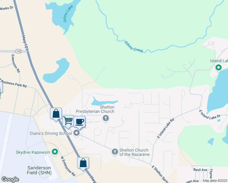 map of restaurants, bars, coffee shops, grocery stores, and more near 251 East North Lake Drive in Shelton