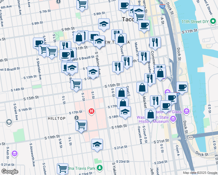 map of restaurants, bars, coffee shops, grocery stores, and more near 701 South 15th Street in Tacoma