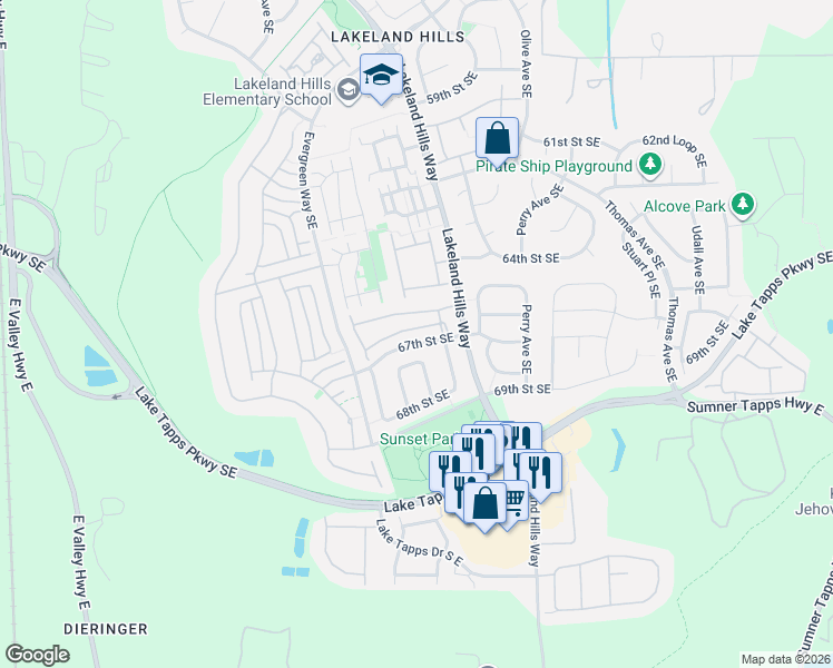 map of restaurants, bars, coffee shops, grocery stores, and more near 6703 Marshall Avenue Southeast in Auburn