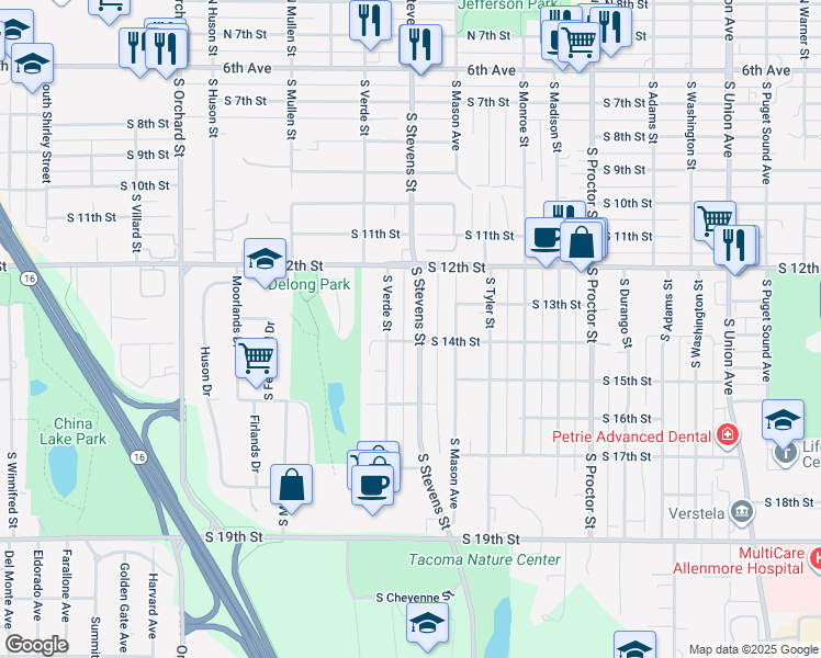 map of restaurants, bars, coffee shops, grocery stores, and more near 1248 South Stevens Street in Tacoma