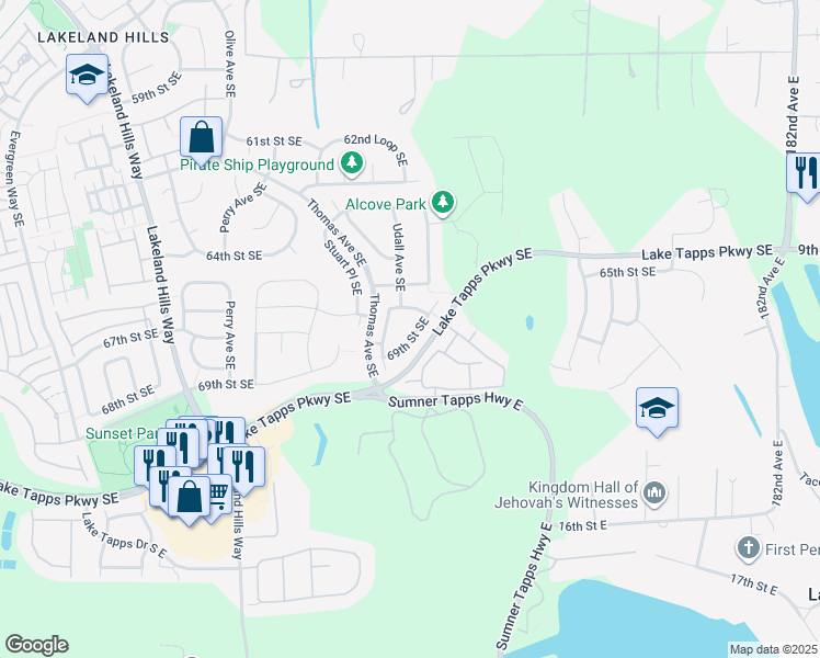 map of restaurants, bars, coffee shops, grocery stores, and more near 2151 69th Street Southeast in Auburn