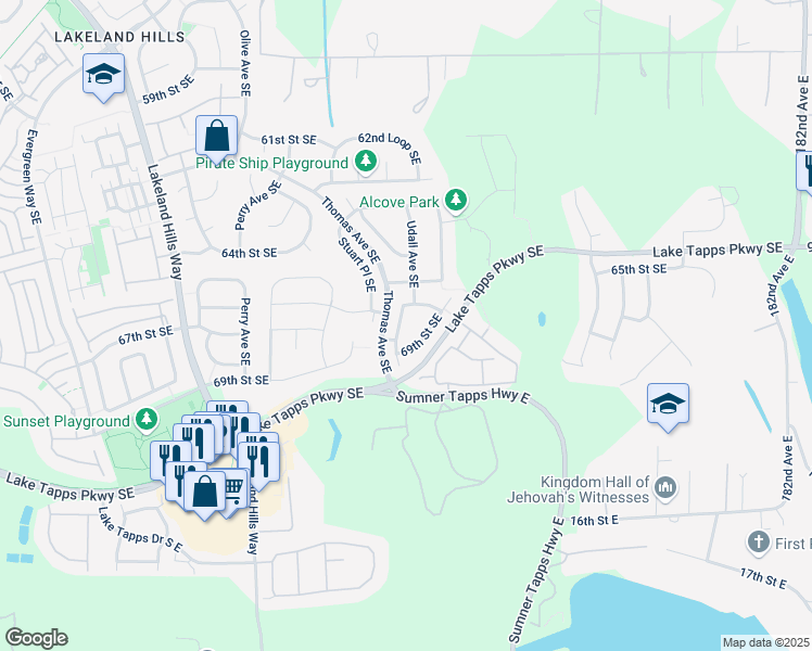 map of restaurants, bars, coffee shops, grocery stores, and more near 6660 Udall Place Southeast in Auburn