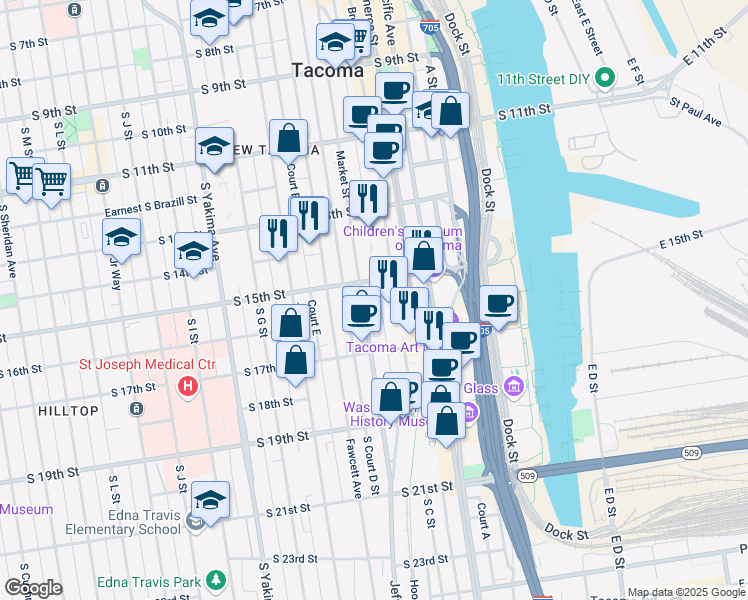 map of restaurants, bars, coffee shops, grocery stores, and more near 1501 Market Street in Tacoma
