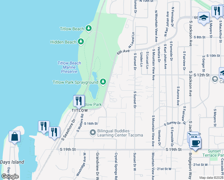map of restaurants, bars, coffee shops, grocery stores, and more near 8360 6th Avenue in Tacoma