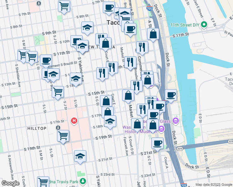 map of restaurants, bars, coffee shops, grocery stores, and more near 1502 Fawcett Avenue in Tacoma