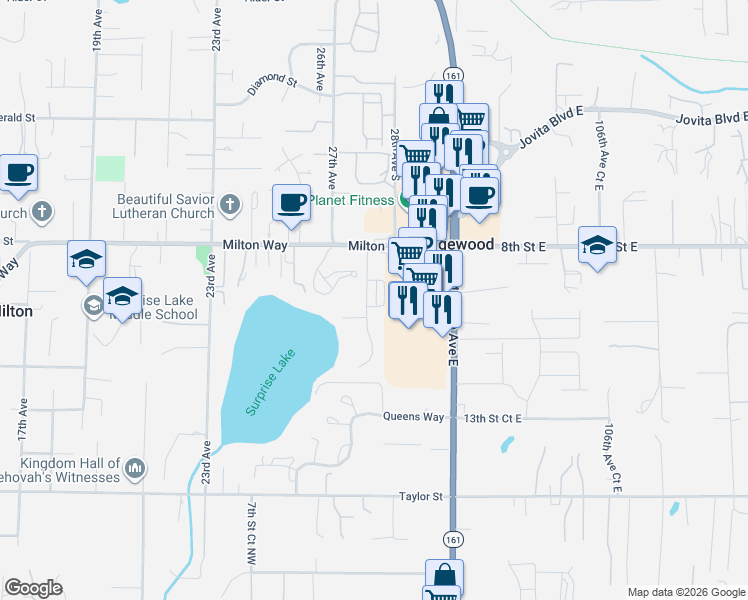 map of restaurants, bars, coffee shops, grocery stores, and more near 1347 28th Avenue Court in Milton