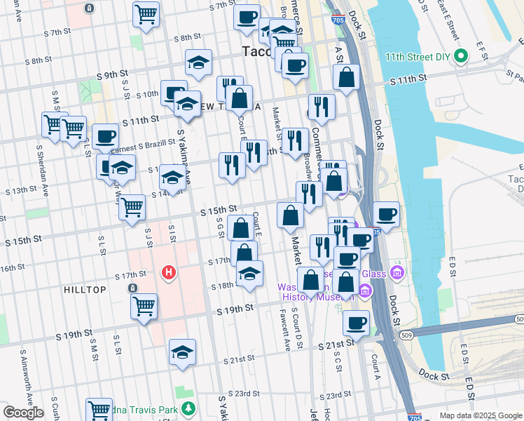 map of restaurants, bars, coffee shops, grocery stores, and more near 1502 Fawcett Avenue in Tacoma