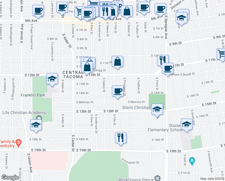 map of restaurants, bars, coffee shops, grocery stores, and more near 1318 South Fife Street in Tacoma