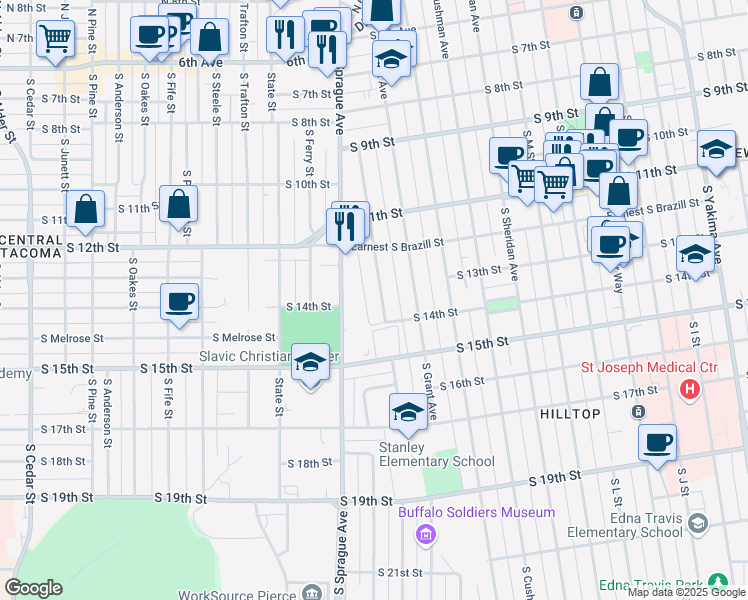 map of restaurants, bars, coffee shops, grocery stores, and more near 1242 South Ridgewood Avenue in Tacoma