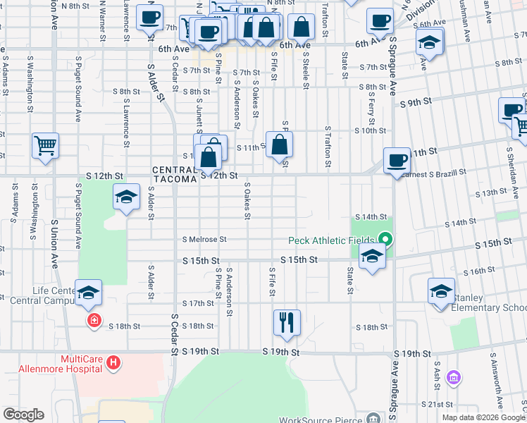 map of restaurants, bars, coffee shops, grocery stores, and more near 1318 South Fife Street in Tacoma