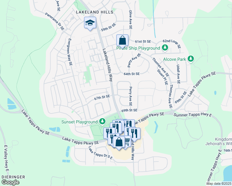 map of restaurants, bars, coffee shops, grocery stores, and more near 6615 Nathan Avenue Southeast in Auburn