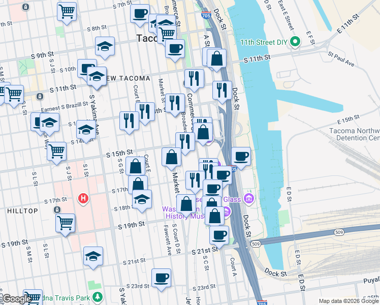 map of restaurants, bars, coffee shops, grocery stores, and more near 1500 Commerce Street in Tacoma