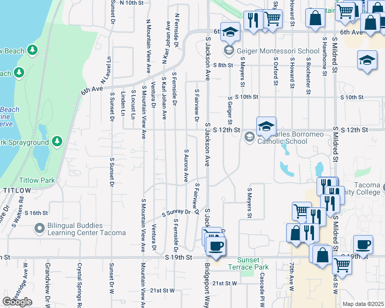 map of restaurants, bars, coffee shops, grocery stores, and more near 1232 South Fairview Drive in Tacoma