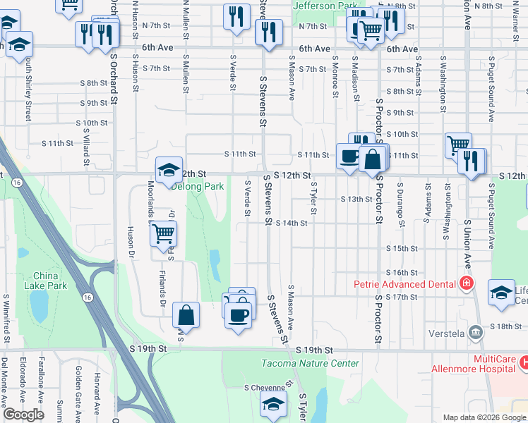 map of restaurants, bars, coffee shops, grocery stores, and more near 1246 South Stevens Street in Tacoma
