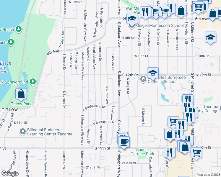 map of restaurants, bars, coffee shops, grocery stores, and more near 1232 South Fairview Drive in Tacoma