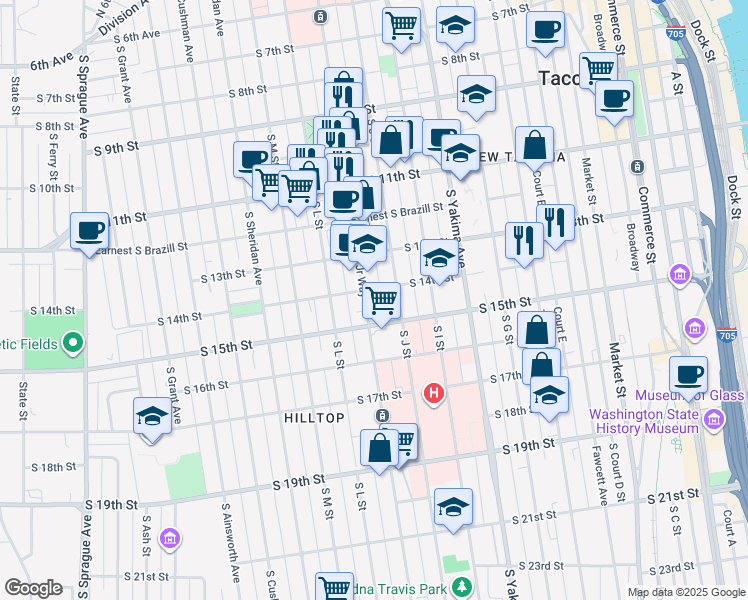 map of restaurants, bars, coffee shops, grocery stores, and more near 1412 Martin Luther King Junior Way in Tacoma