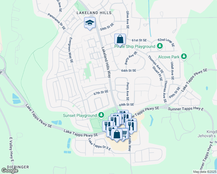 map of restaurants, bars, coffee shops, grocery stores, and more near 6615 Nathan Avenue Southeast in Auburn